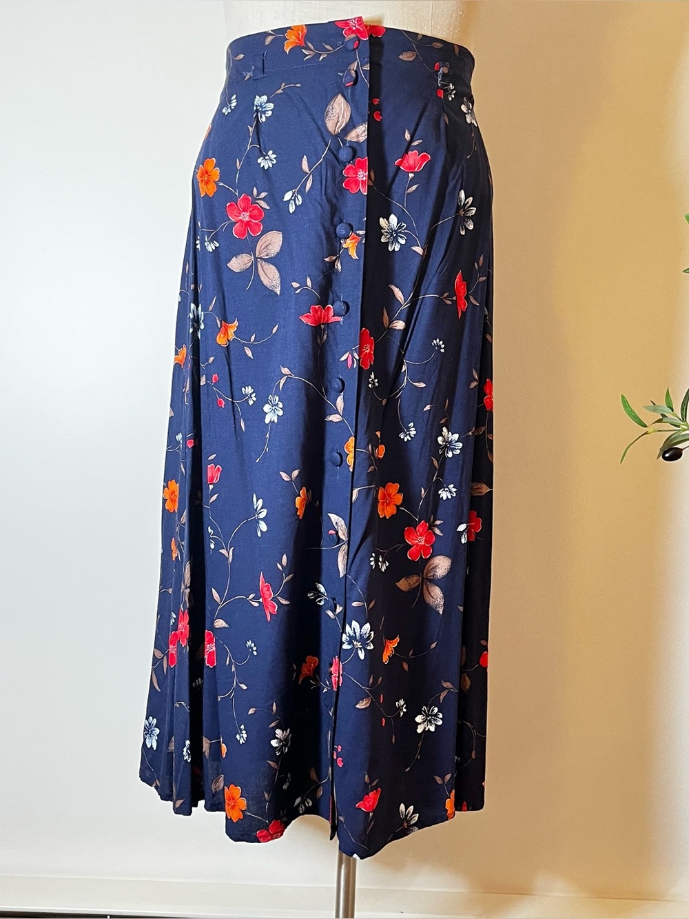 Navy Floral button front Fall Midi Skirt